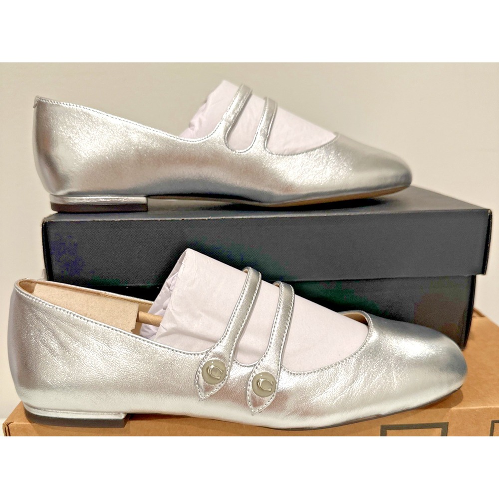 COACH Women Size 7.5B/EU 38 Winley Mary Jane Metallic Shoes Leather Silver CA539